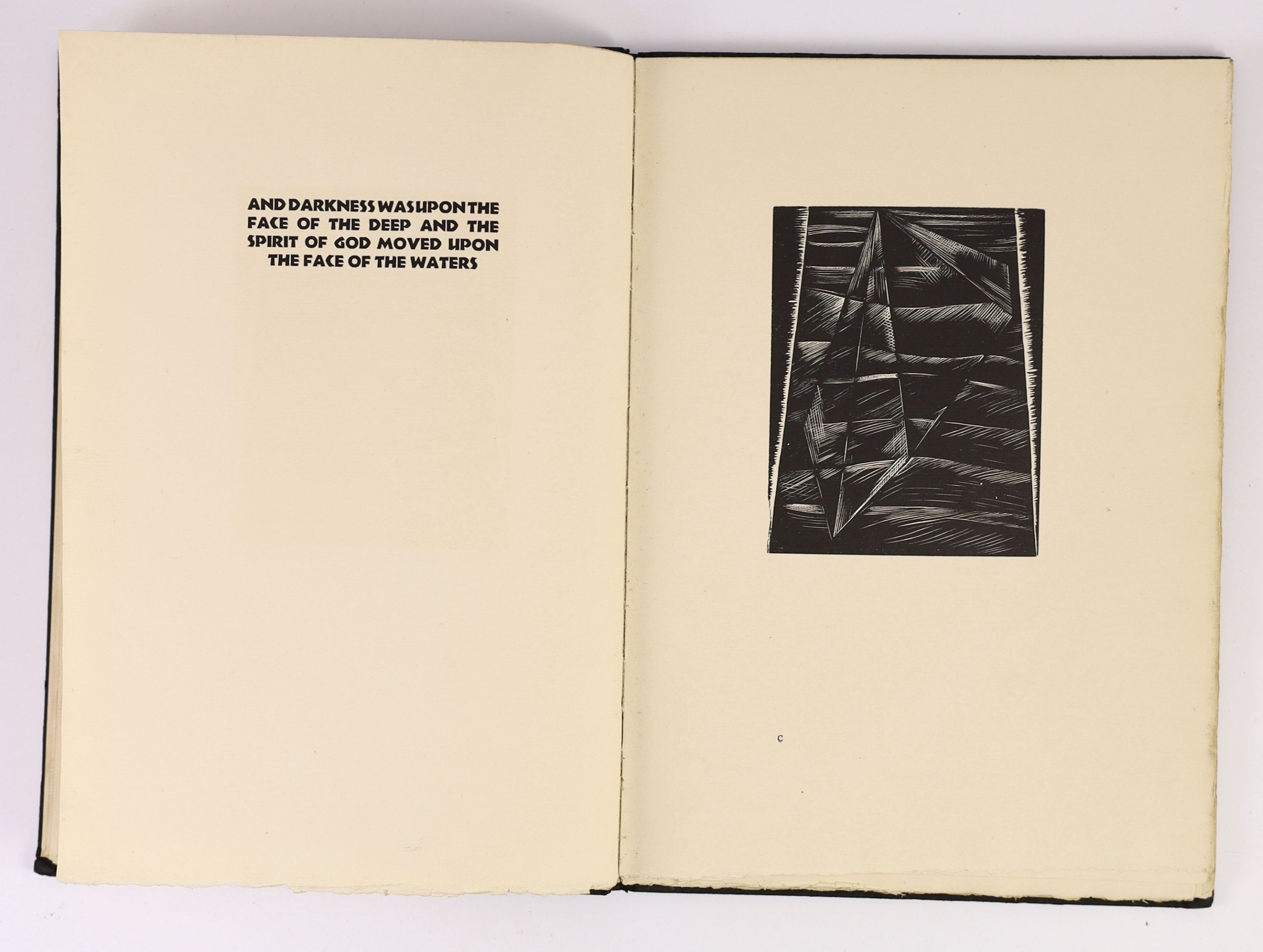 Bible in English - Nash, Paul [illustrator] - Genesis. Limited edition, one of 375, Authors presentation copy to his wife with signed inscription. Complete with 12 woodcut illustrations by Paul Nash. Original black paper